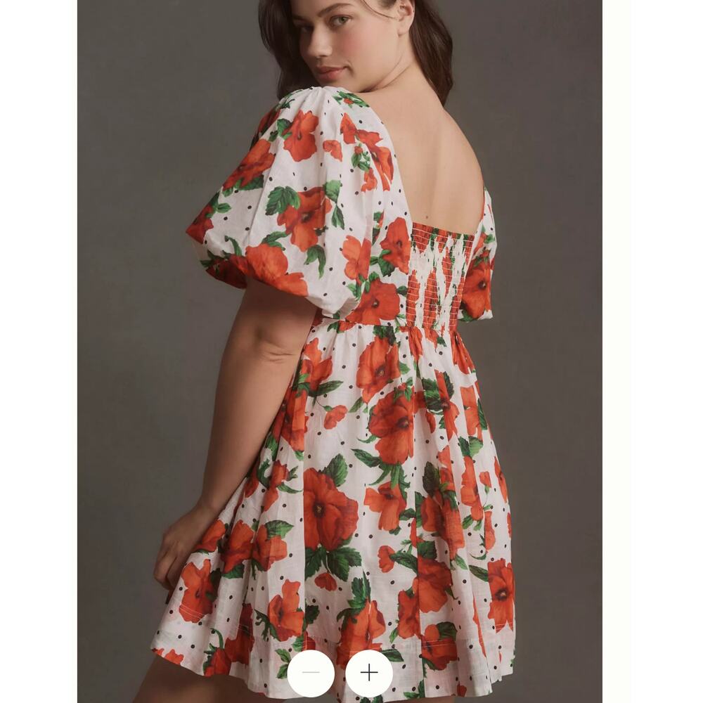 Anthropologie Maeve Floral Square Neck Smocked Babydoll Mini Dress Red M - Picture 2 of 12